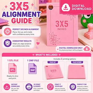 Può includere: Una guida all'allineamento rosa da 3x5 pollici per stampa 3D, con un motivo floreale e un foro circolare. Il download digitale include un file STL e un file 3MF, con opzioni di stampa con il lato anteriore rivolto verso l'alto o il basso.