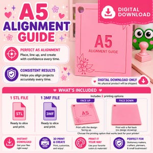 Könnte beinhalten: Eine digitale A5-Ausrichtungshilfe als Download-Vorlage in Pink. Die Grafik enthält den Text A5 ALIGNMENT GUIDE, Symbole für STL- und 3MF-Dateien sowie Diagramme, die Druckoptionen mit der Vorderseite nach oben oder unten zeigen.