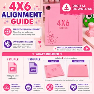 Può includere: Una guida all'allineamento rosa 4x6 per stampa 3D, caratterizzata da un motivo floreale e un foro circolare. Il download digitale include un file STL e un file 3MF, con opzioni per la stampa con il lato anteriore rivolto verso l'alto o il basso.