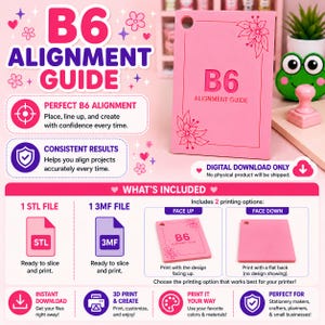 Può includere: Una guida all'allineamento B6 rettangolare di colore rosa con disegni floreali negli angoli e un foro circolare in alto a sinistra. Il testo recita B6 ALIGNMENT GUIDE. La grafica include sezioni sui formati dei file e le opzioni di stampa.