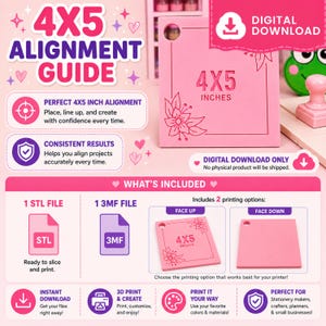 Può includere: Una guida all'allineamento rosa 4x5 per la stampa 3D, caratterizzata da un design quadrato con un foro circolare e accenti floreali. Questo download digitale include un file STL e un file 3MF, con opzioni di stampa a faccia in su o a faccia in giù.