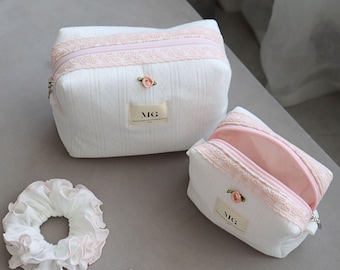 Bolsa de maquiagem Pointelle de algodão com rosa, bolsa, bolsa cosmética de olhar duplo, bolsa cosmética fofa, bolsa estética com zíper
