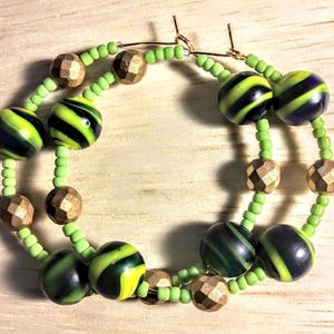 Medium 2-1/4&quot; Beaded Hoop Earrings in Dark Blue-Yellow Multi, Lime Green, and Gold Multicolor, Beautiful Unique Colorful Hoops