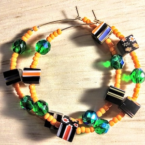 Medium 2-1/4&quot; Beaded Hoop Earrings in Blue-Black Multi, Orange, and Green Multicolor, Beautiful Unique Colorful Hoops