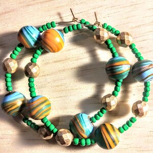 Medium 2-1/4&quot; Beaded Hoop Earrings in Orange-Blue Multi, Green, and Gold Multicolor, Beautiful Unique Colorful Hoops