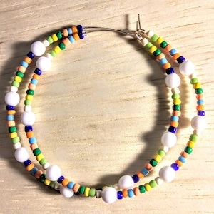 Large 2-3/4&quot; Beaded Hoop Earrings in Green, Yellow, Orange, And White Multicolor. Large Hoops, Colorful Earrings, Big Hoop Earrings