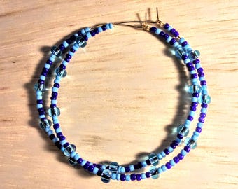 Aros de cuentas extra grandes de 3" en azul claro y azul oscuro multicolor, hermosos aros coloridos únicos de gran tamaño