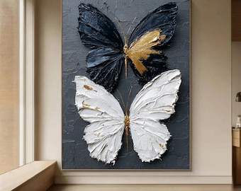 Original Black and White Butterfly Oil Painting on Canvas,Impressionist Textured Canvas for Living Room Decor