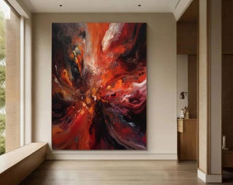 Original Red Abstract Wall Art, Colorful Pop Painting Living Room Decor