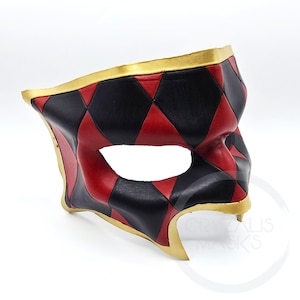 Harlequin masquerade mask, Adult costume, Halloween or themed party, Cosplay costumes, Black and red Jester leather masks