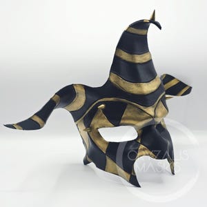 Leather Harlequin mask, Adult costume masks, gold and black masked Jester, Carnival