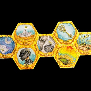 May include: A set of hexagonal game tiles with various illustrations, including a ship, a key, a dog, a rider, a moon, a sun, and a fish. Each tile has a number and a word describing the image.
