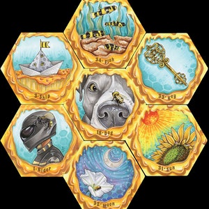 May include: A hexagonal game board with colorful illustrations of a ship, a rider, a fish, a dog, a moon, a key, a sun, and a bee. Each illustration is surrounded by a yellow honeycomb pattern.