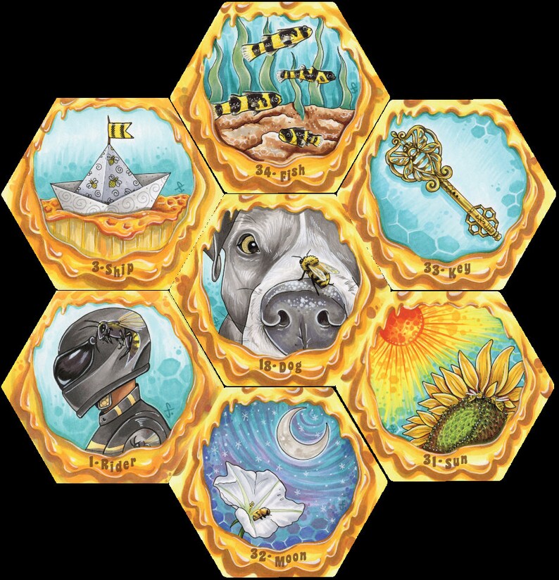 May include: A hexagonal game board with colorful illustrations of a ship, a rider, a fish, a dog, a moon, a key, a sun, and a bee. Each illustration is surrounded by a yellow honeycomb pattern.