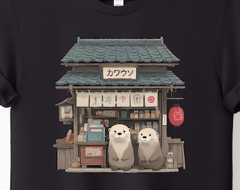 Japanese Otter Shop T-Shirt, Cute Otter Duo at Traditional Japanese Stall, Nature Animal Graphic Tee, Otter Lover Gift, Unisex Apparel