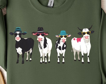 Stylish cow sweatshirt, featuring 4 trendy cows with sunglasses and hats, fun farm animal hoodie, unique gift for cow lovers