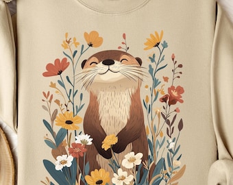 Cottagecore Otter Sweatshirt with Cute Smiling Otter Surrounded by Wildflowers, Perfect for Nature Lovers, Cozy and Unique Gift Idea