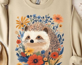 Cottagecore Hedgehog Sweatshirt with Flowers, Cozy Nature-Inspired Design, Vintage Pullover, Unique Gift for Nature Enthusiasts