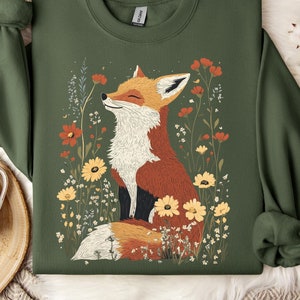 Sudadera de zorro y flores silvestres estilo cottagecore, sudadera vintage con animales, estilo natural y romántico, ropa para amantes de la naturaleza.