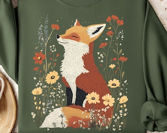 Cottagecore Fox Sweatshirt with Wildflowers, Vintage Animal Sweatshirt, Nature-Inspired Pullover, Romantic Aesthetic, Gift for Nature Lovers