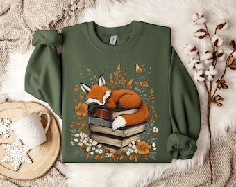 Sudadera con capucha estilo cottagecore vintage otoñal con zorro y libro, diseño mágico de animales, perfecta para amantes de los libros y la naturaleza, a la moda