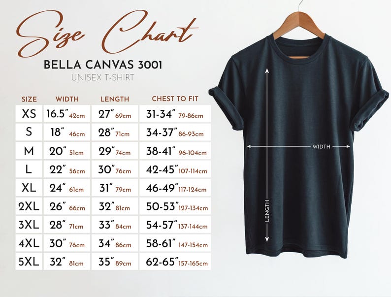 tabella delle taglie per t-shirt Bella Canvas 3001. Le taglie disponibili sono: XS, S, M, L, XL, 2XL, 3XL, 4XL, 5XL