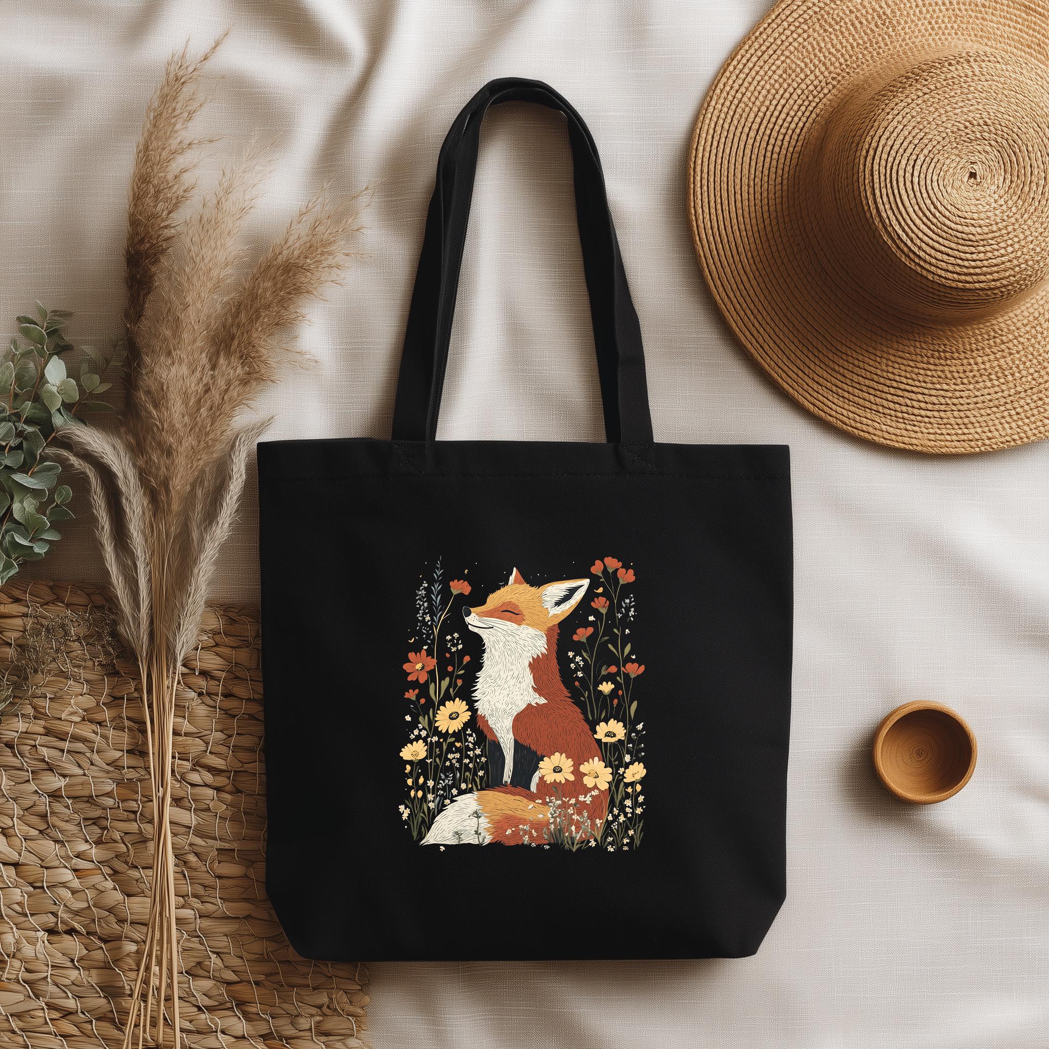 Fox Floral Tote Bag, Cute Woodland Animal Cotton Bag, Eco Shopper with Flowers, Nature Aesthetic Gift for Fox Lovers