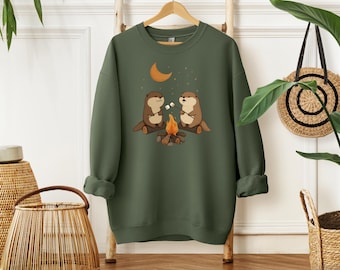 Otter Campfire Sweatshirt, Cute Otter Marshmallow Autumn Pullover, Cozy Fall Animal Crewneck Gift for Nature Lovers