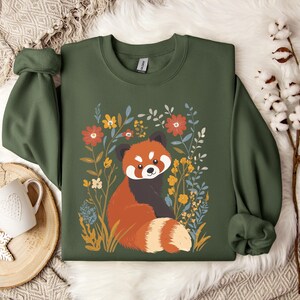 Sweatshirt with red panda and wildflowers cottagecore style, natural aesthetic pullover, unique apparel, gift for nature lovers