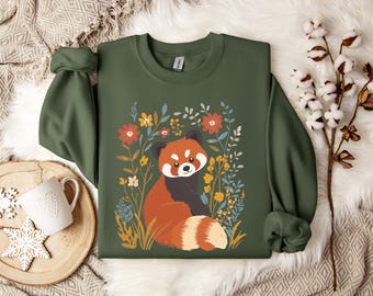 Sudadera con capucha estilo cottagecore con panda rojo y flores silvestres, suéter de estética natural, prenda única, regalo para amantes de la naturaleza.