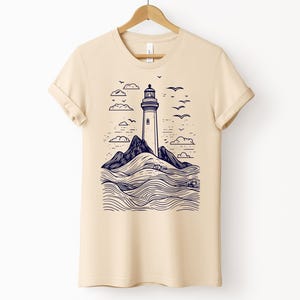 Vintage Lighthouse & Waves T-Shirt, Minimal Nautical Design, Coastal Gift, Ocean-Inspired Art Tee, Perfect for Seaside and Beach Lovers