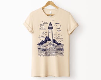 Vintage Lighthouse & Waves T-Shirt, Minimal Nautical Design, Coastal Gift, Ocean-Inspired Art Tee, Perfect for Seaside and Beach Lovers