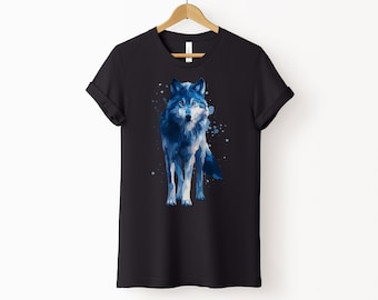 T-Shirt Lupo Blu, Maglietta con Lupo Stile Acquerello, T Shirt Animali Natura, Maglia Lupo Artistica Regalo