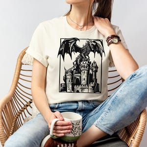 Medieval Dragon Castle T-Shirt, Gothic Print, Fantasy Dragon Art Tee, Handcrafted Medieval Design for Ultimate Fantasy & History Fans