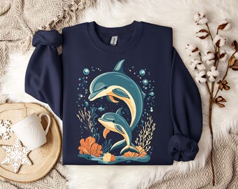 Unisex Dolphin Sweatshirt, Mother and Baby Dolphin Swimming in the Ocean, Marine Life Gift, Cozy Ocean Lover Hoodie, Eco-Friendly