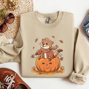 Bluza jesienna unisex z wydrą, wygodny sweterek w urocze zwierzę, wesoły, zabawny t-shirt z dynią, koszula halloweenowa