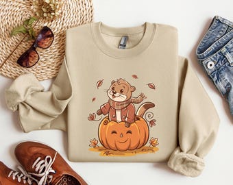 Unisex Autumn Sweatshirt with Otter, Comfortable Cozy Sweater with Cute Animal, Fun T-shirt with Pumpkin, Otter lover halloween gift