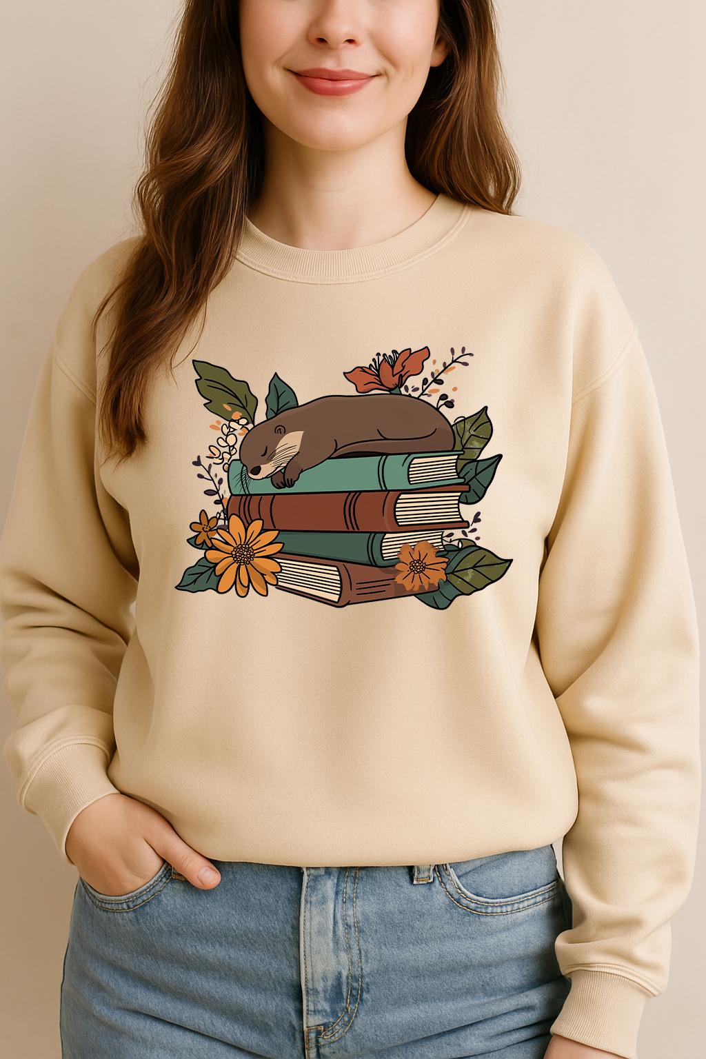 Sleeping Otter on Books Sweatshirt, Cozy Reading Animal Shirt, Book Lover Gift, Otter Lover Crewneck, Nature Aesthetic Pullover