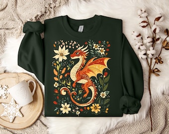 Sweatshirt with dragon and flowers fantasy design, elegant and colorful, cozy unisex pullover, perfect gift for magical world lovers