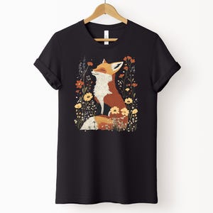 Sudadera con capucha de zorro y flores silvestres estilo cottagecore, estilo vintage de animales, estilo natural y romántico, ropa para amantes de la naturaleza. T-shirt - Black