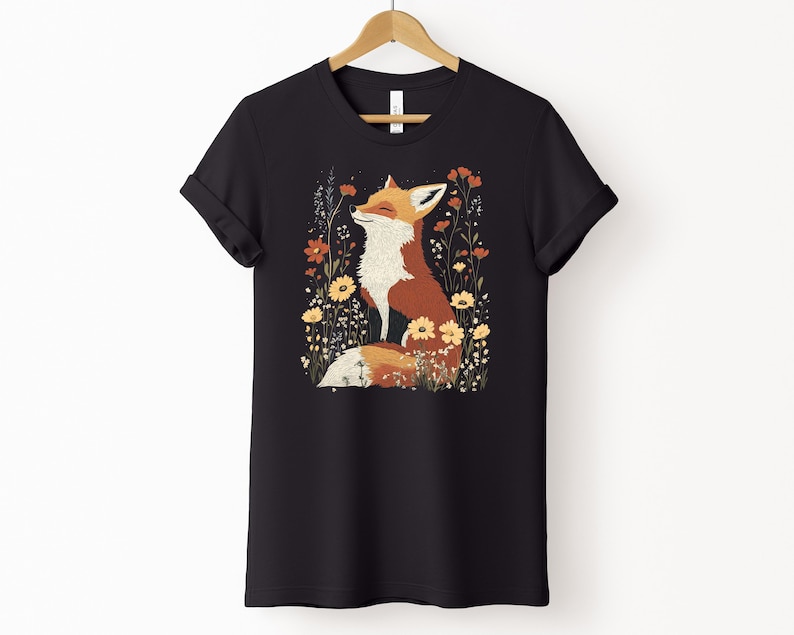 Sudadera con capucha de zorro y flores silvestres estilo cottagecore, estilo vintage de animales, estilo natural y romántico, ropa para amantes de la naturaleza. T-shirt - Black