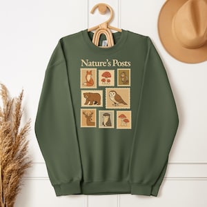 Nature’s Posts Sweatshirt, woodland animals sweater, forest wildlife crewneck, vintage nature stamps pullover, otter fox owl bear