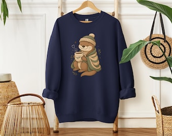 Cozy Otter Sweatshirt, Cute Otter with Hot Cocoa and Blanket, Winter Animal Pullover, Cozy Fall Gift for Nature Lovers