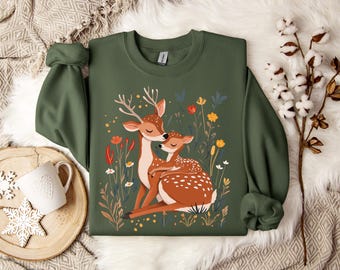 Deer Mom and Fawn Sweatshirt, Wildflower Design in Cottagecore Style, Cozy Wildlife Apparel, Perfect Nature Gift for Animal Lovers