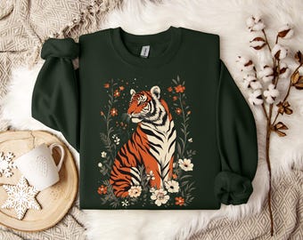 Sweatshirt with tiger and wildflowers cottagecore style, nature-inspired apparel, aesthetic pullover, gift for nature lovers