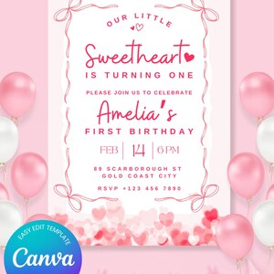Invito di compleanno per innamorati, invito per il primo compleanno di San Valentino, invito di compleanno a forma di cuore, modello modificabile Canva, invito stampabile