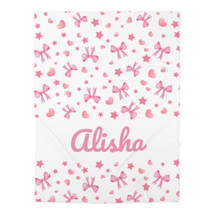 Personalized Baby Girl Swaddle Blanket with Bows and Hearts, Soft Newborn Wrap Perfect Baby Shower Gift, Nursery Decor Custom Infant Blanket