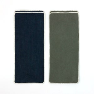 May include: Two rectangular fabric placemats with white trim. The placemat on the left is dark blue and the placemat on the right is dark green.