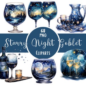 Watercolor Starry Night Goblet Clipart: City Night PNG (Digital Download)