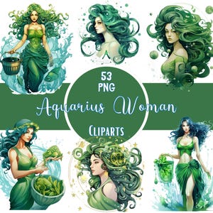 Bundle de cliparts aquarelle femme Verseau signe du zodiaque Png astrologie impression zodiaque Sublimation pour travaux manuels en papier Scrapbooking, journalisation indésirable